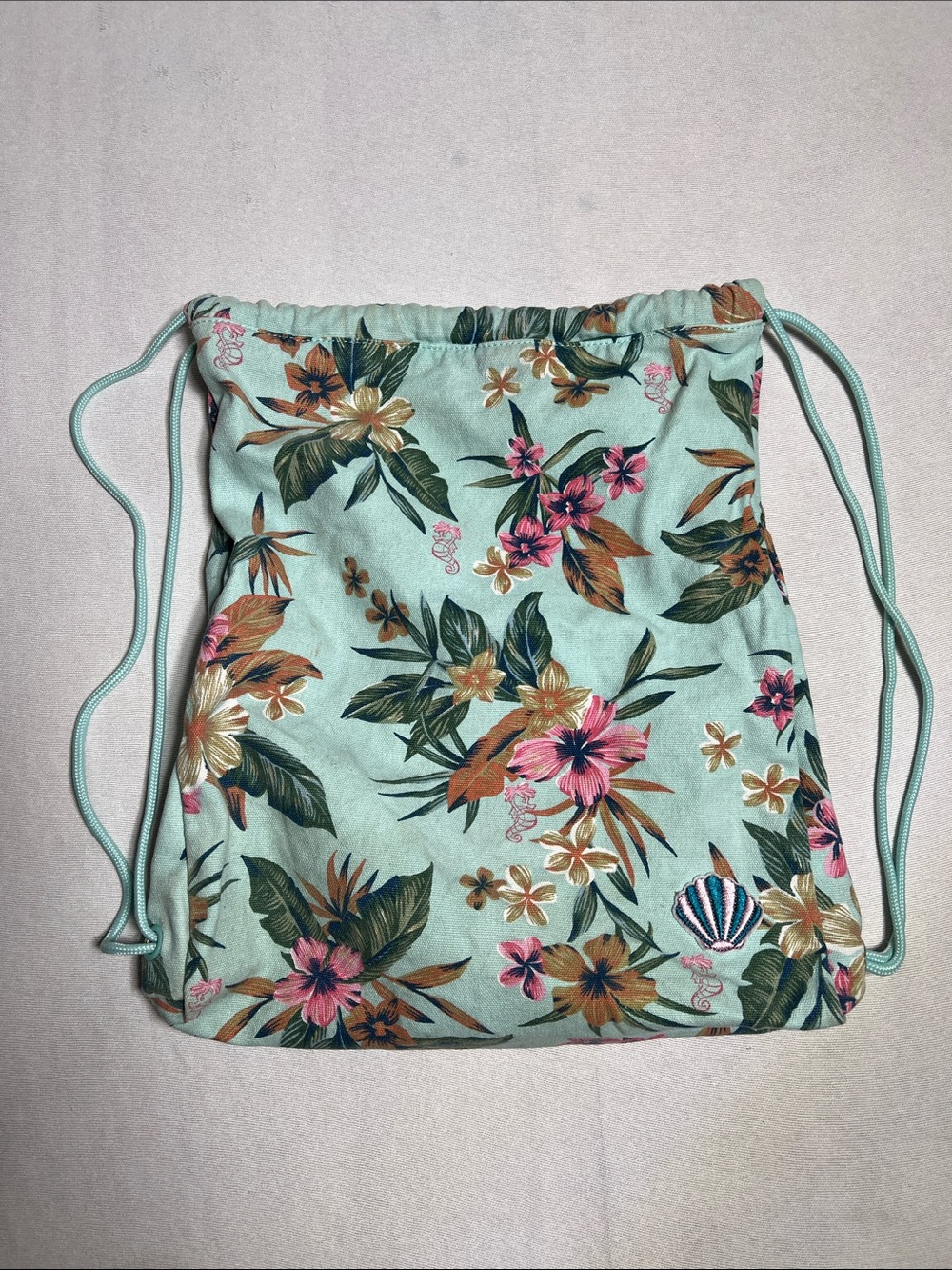 Mint Floral Drawstring Backpack with Pink & Green Accents